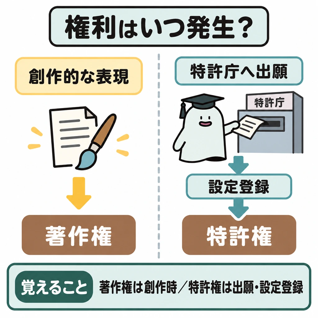 権利・取引・標準の分類の図解。画面を縦に二分し、左は「創作的な表現」から「著作権」へ直結する矢印、右は「特許庁へ出願」から「設定登録」を経て「特許権」に至る矢印を描く。左右の間には仕切りを置き、発生条件の違いを示す。