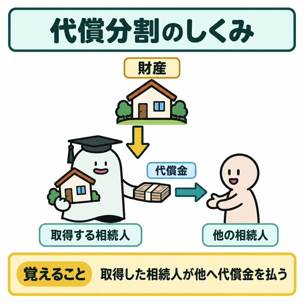 遺産分割と遺留分の図解。上の財産から中央左のエルくんへ下向きの矢印を引き、エルくんから右の「他の相続人」へ代償金の矢印を引く。財産を取得する流れと、お金を払う流れを別の矢印で示す。
