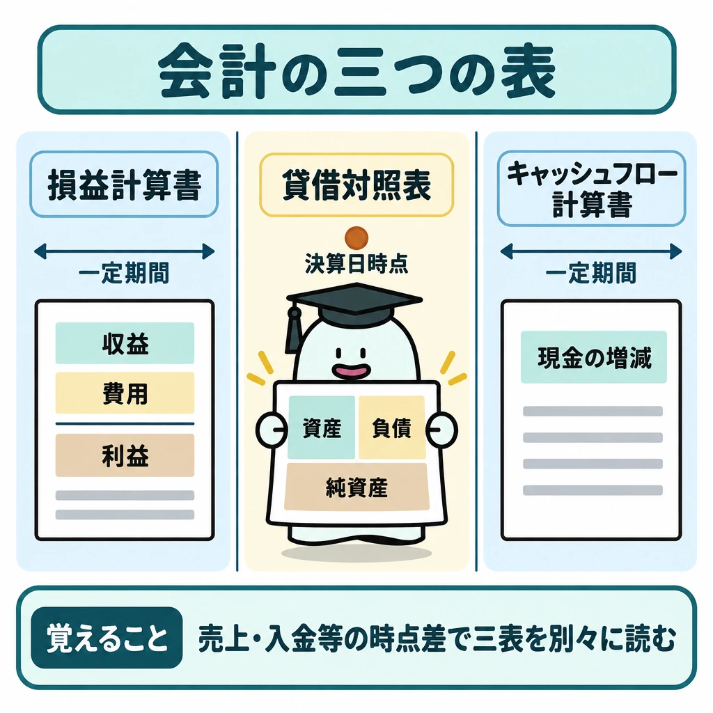 会計・組織の全体像の図解。画面を縦の仕切りで3列に分け、左に期間の収益・費用と利益を示す損益計算書、中央に決算日時点の資産・負債・純資産を示す貸借対照表、右に期間の現金の増減を示すキャッシュフロー計算書を置く。左と右には期間を表す横線、中央には一時点を示す印を添え、三表を混ぜずに読む構図にする。