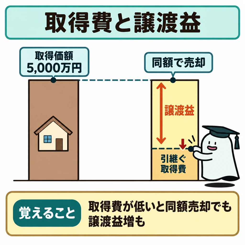 基本の仕組みの図解。左に「取得価額5,000万円」の資産、右に同額での将来の売却を置き、右側の縦棒に低く引き継ぐ取得費の線と、売却額までの差を「譲渡益」として示す。左右の同額を水平線で結び、取得費が低い場合に譲渡益が大きくなる可能性を表す。