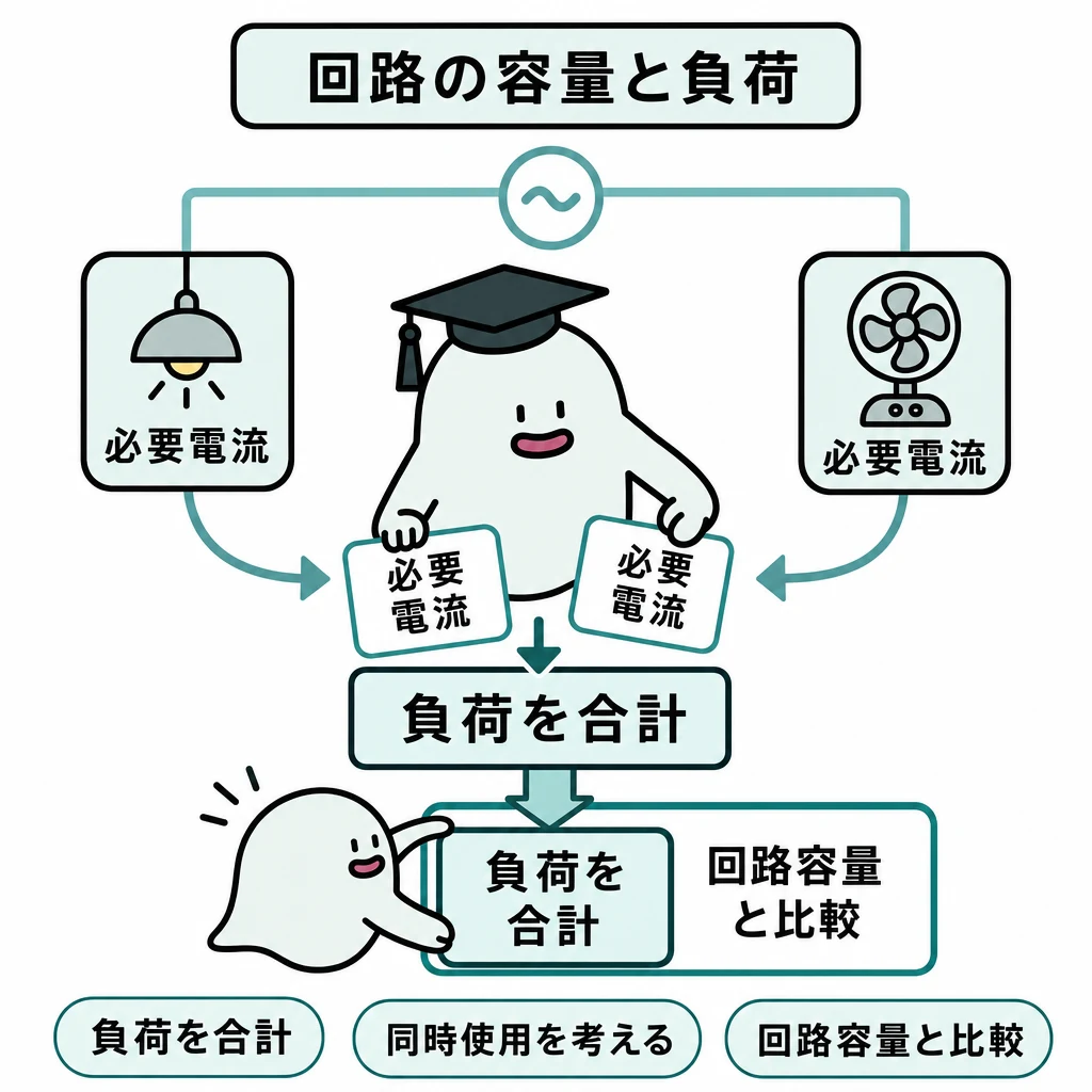 回路の容量と負荷。一つの電源回路につながる二つの電気器具から、必要電流の大きさを示す箱が中央へ集まる。