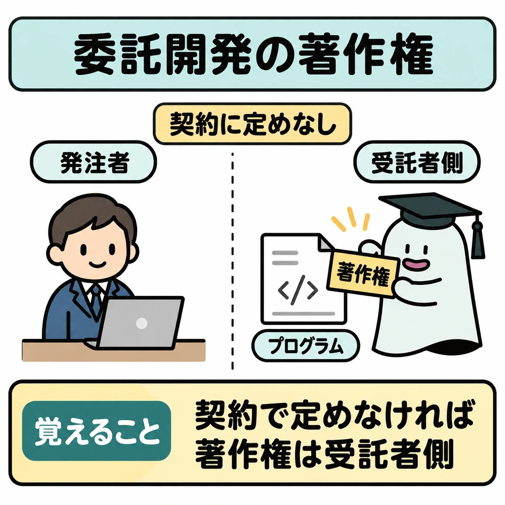 開発委託の契約と著作権の帰属の図解。中央を縦線で仕切り、左に発注者、右に実際にプログラムを作成した受託者側を置く。上部に「契約に定めなし」と示し、著作権の矢印をプログラムから受託者側へ向ける。