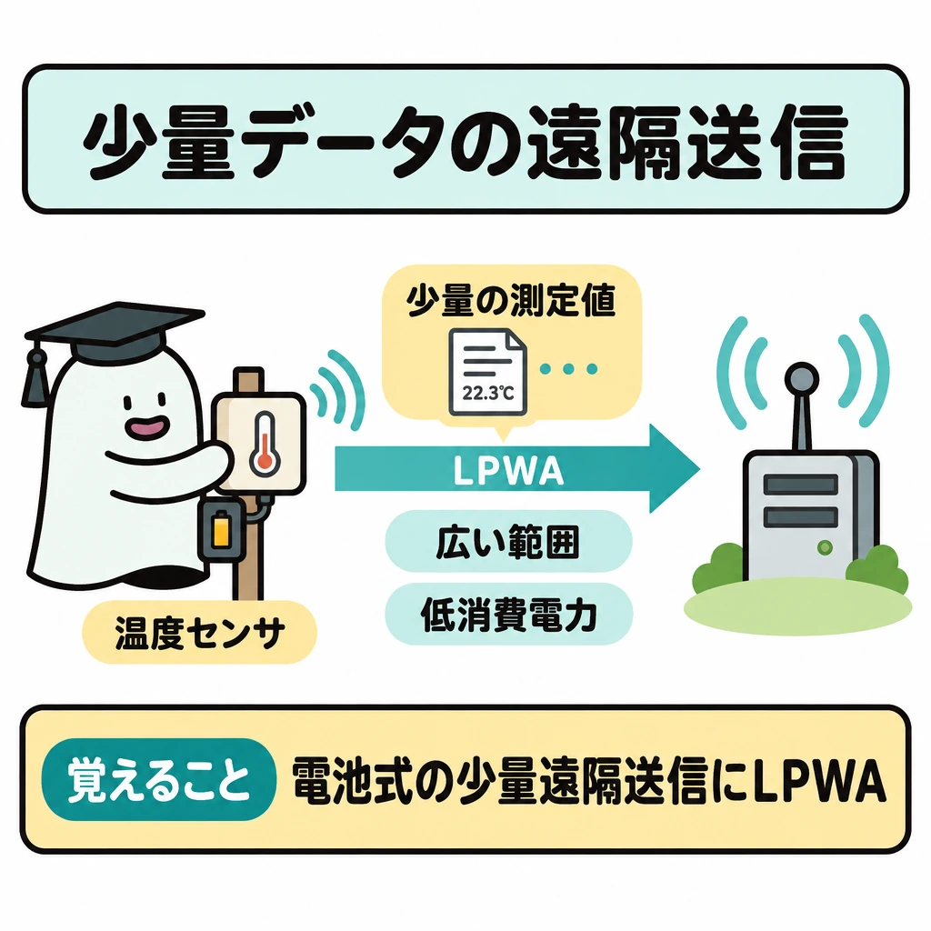 基本の仕組みの図解。左に電池式の温度センサ、右に離れた送信先を置き、間をLPWAの矢印で結ぶ。矢印上には小さな測定値を描き、広い範囲への通信と低消費電力を示す。