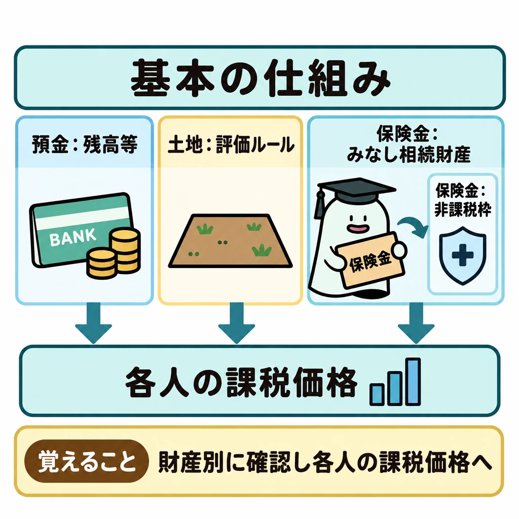 基本の仕組みの図解。上段を縦の仕切りで預金・土地・生命保険金の3区画に分け、保険金の区画内には確認事項を2つ並べる。各区画から下段の「各人の課税価格」へ矢印を向け、財産ごとに確認してから集計する流れを示す。