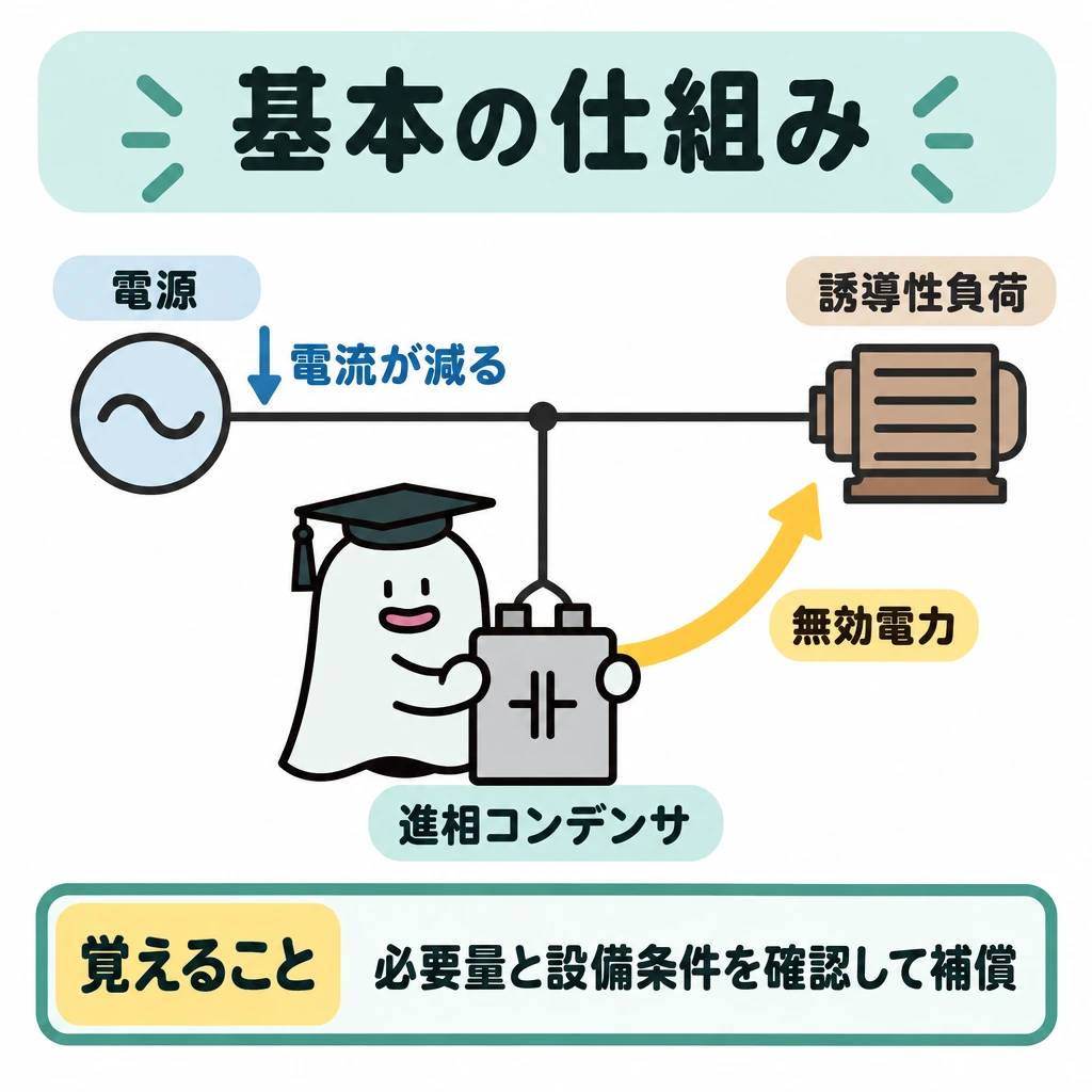 基本の仕組みの図解。中央に電源から誘導性負荷へ向かう回路を描き、その下に進相コンデンサを配置する。コンデンサから無効電力へ補う向きの矢印を描き、電源から流れる電流には下向きの小さな矢印を添えて、電流が減る関係を示す。