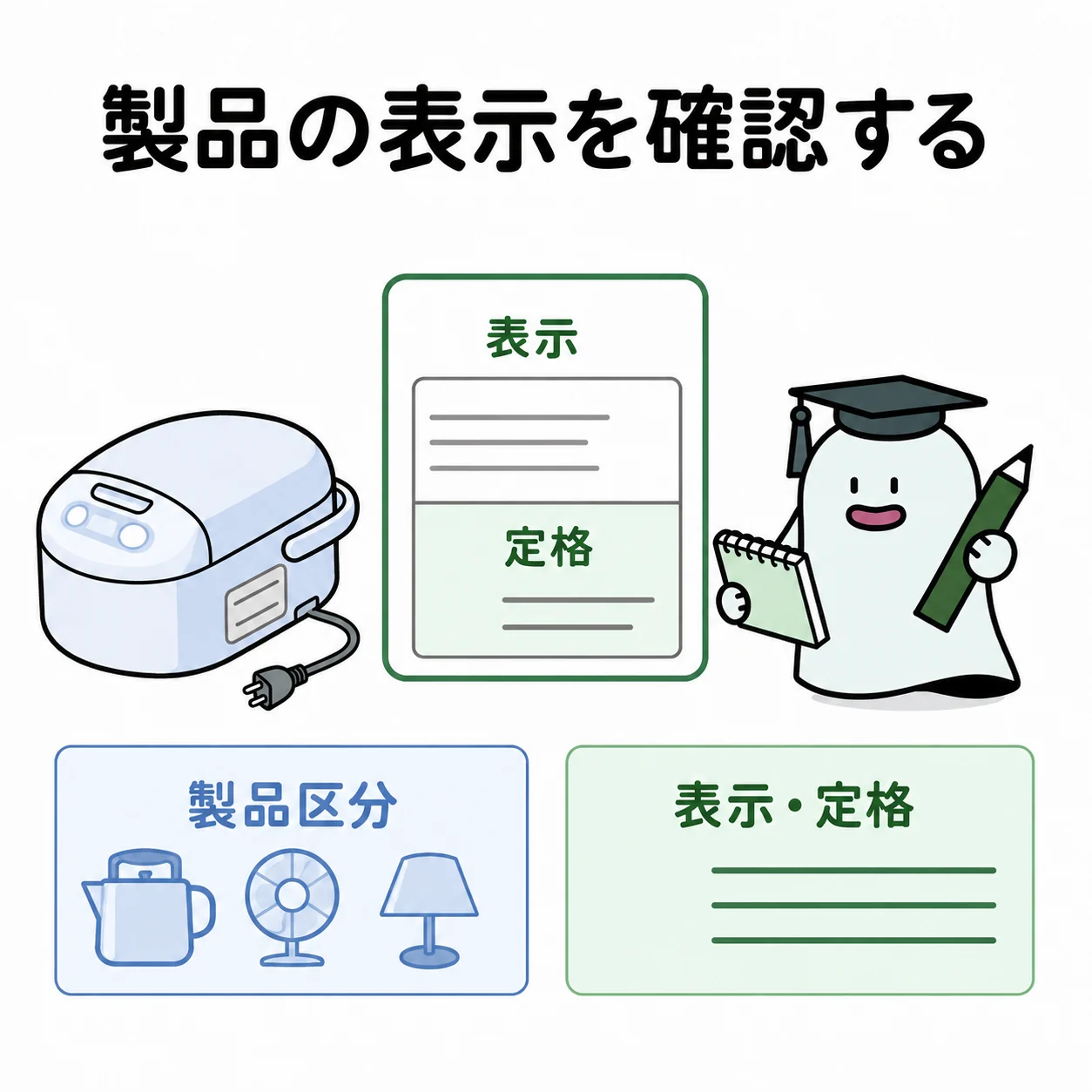 製品の表示を確認する。コード付き機器、その定格表示ラベル、記録を確認するエルくん。