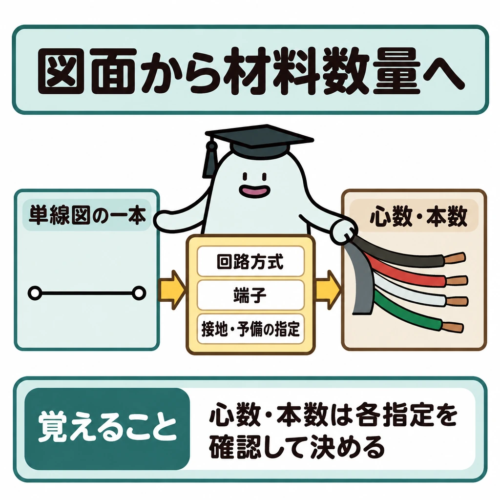 図面から材料数量への図解。左に単線図の一本線、中央に「回路方式」「端子」「接地・予備の指定」の確認欄、右にケーブルの「心数・本数」を配置し、左から右へ矢印でつなぐ。一本線から直接心数・本数へ進む矢印は描かない。