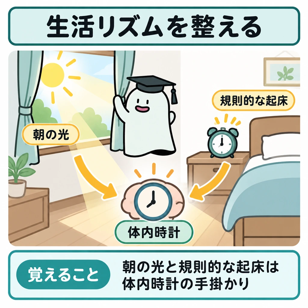 睡眠時間・休養感・生活リズムの図解。1つの朝の部屋を描き、左の窓から入る朝の光と、右の目覚まし時計に添えた「規則的な起床」から、中央下の体内時計へ矢印を集める。場面を分割せず、下部に「覚えること」を置く。