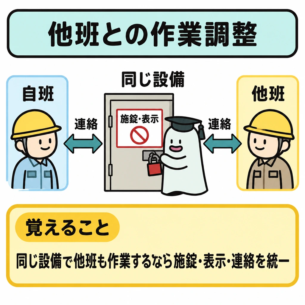 危険予知と役割分担の図解。正方形の中央に「同じ設備」、左右に「自班」「他班」を配置する。設備には施錠と表示をまとめて描き、両班の間を双方向の「連絡」矢印で結んで、三つを統一する関係を示す。