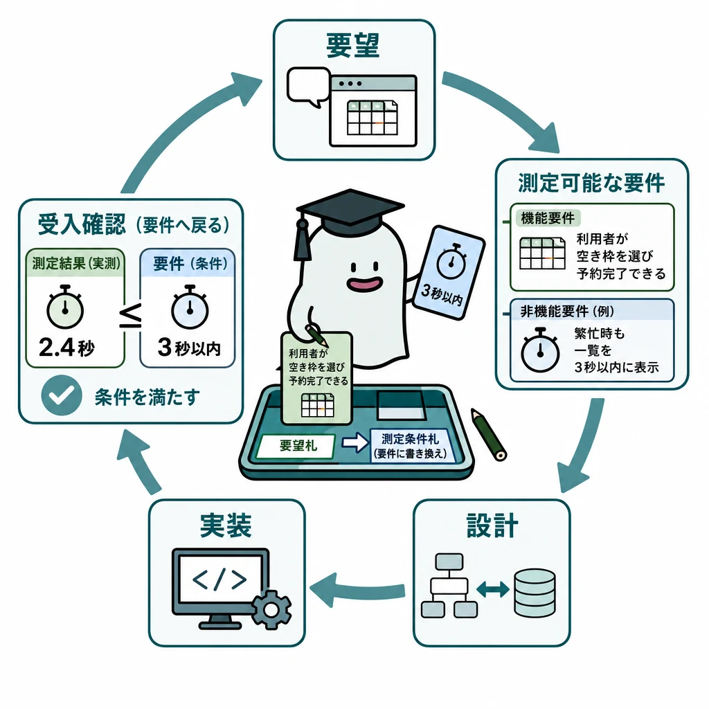 エルくんが説明する図解。要望→測定可能な要件→設計→実装→要件に戻る受入確認の流れ。