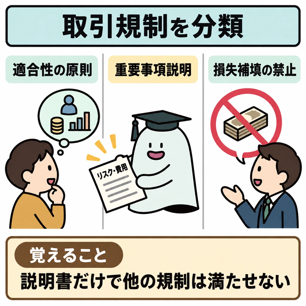 投資者保護と取引規制を分類の図解。画面を縦線で左右と中央の3区画に分け、左に顧客の状況に照らした勧誘、中央にリスク・費用を伝える説明、右に損失を埋める約束への禁止印を描く。区画間に矢印は引かず、それぞれ別の規制として示す。