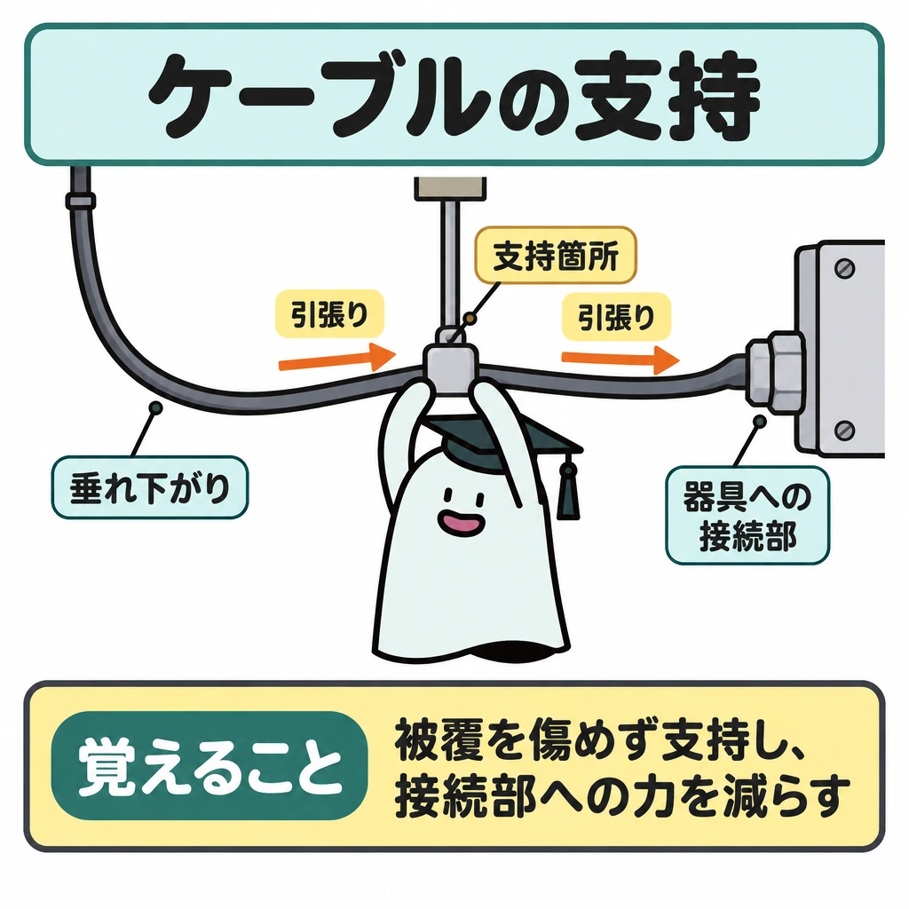 基本の仕組みの図解。左の垂れ下がるケーブルから右の器具へ向かう途中に支持箇所を描き、垂れ下がる側から接続部へ向かう引張りの矢印を支持箇所で区切る。支持具とケーブルの接触部分は拡大せず、被覆をつぶしていない形で描く。
