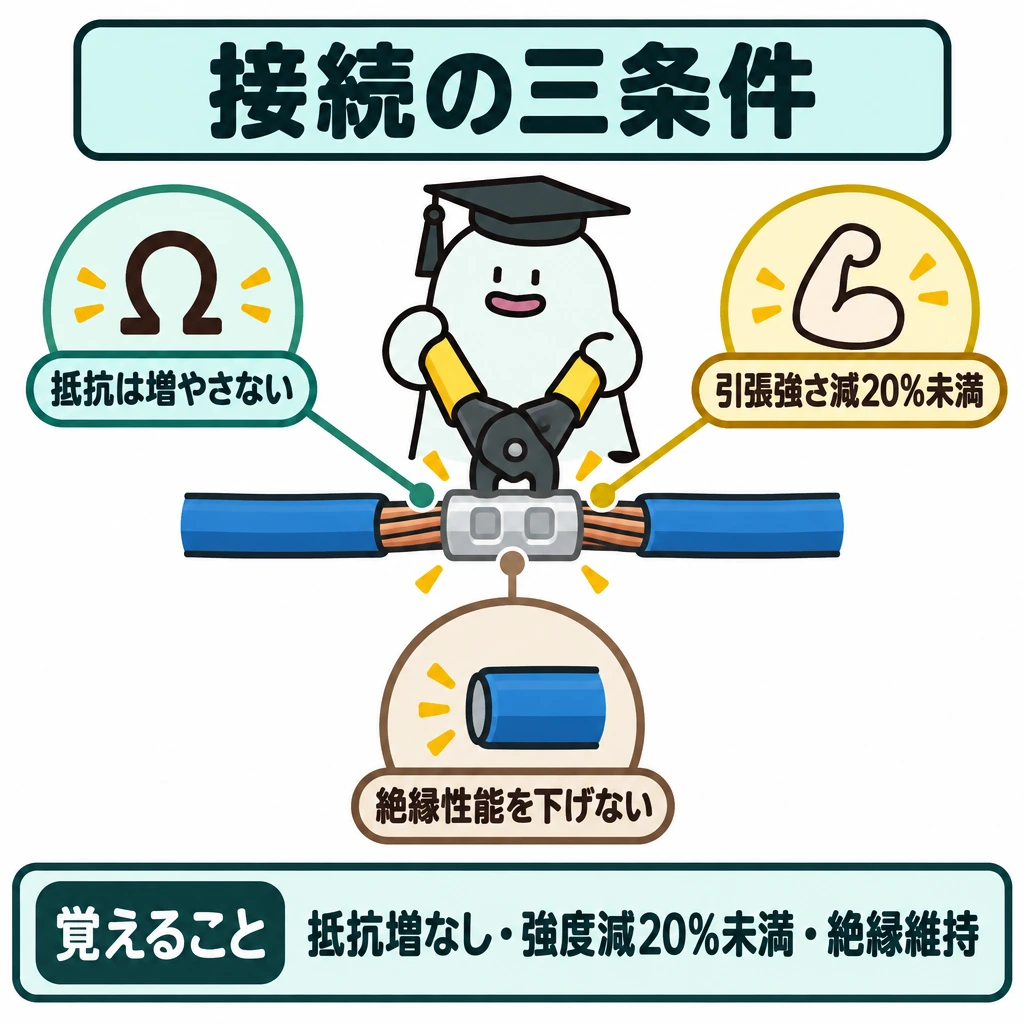 電気・機械・絶縁の三条件の図解。中央にリングスリーブで接続する電線を大きく描き、左上の電気抵抗、右上の引張強さ、下の絶縁性能へ、それぞれ対応線を伸ばす。三条件の間に順序を示す矢印は付けず、一つの接続ですべて満たすことを示す。