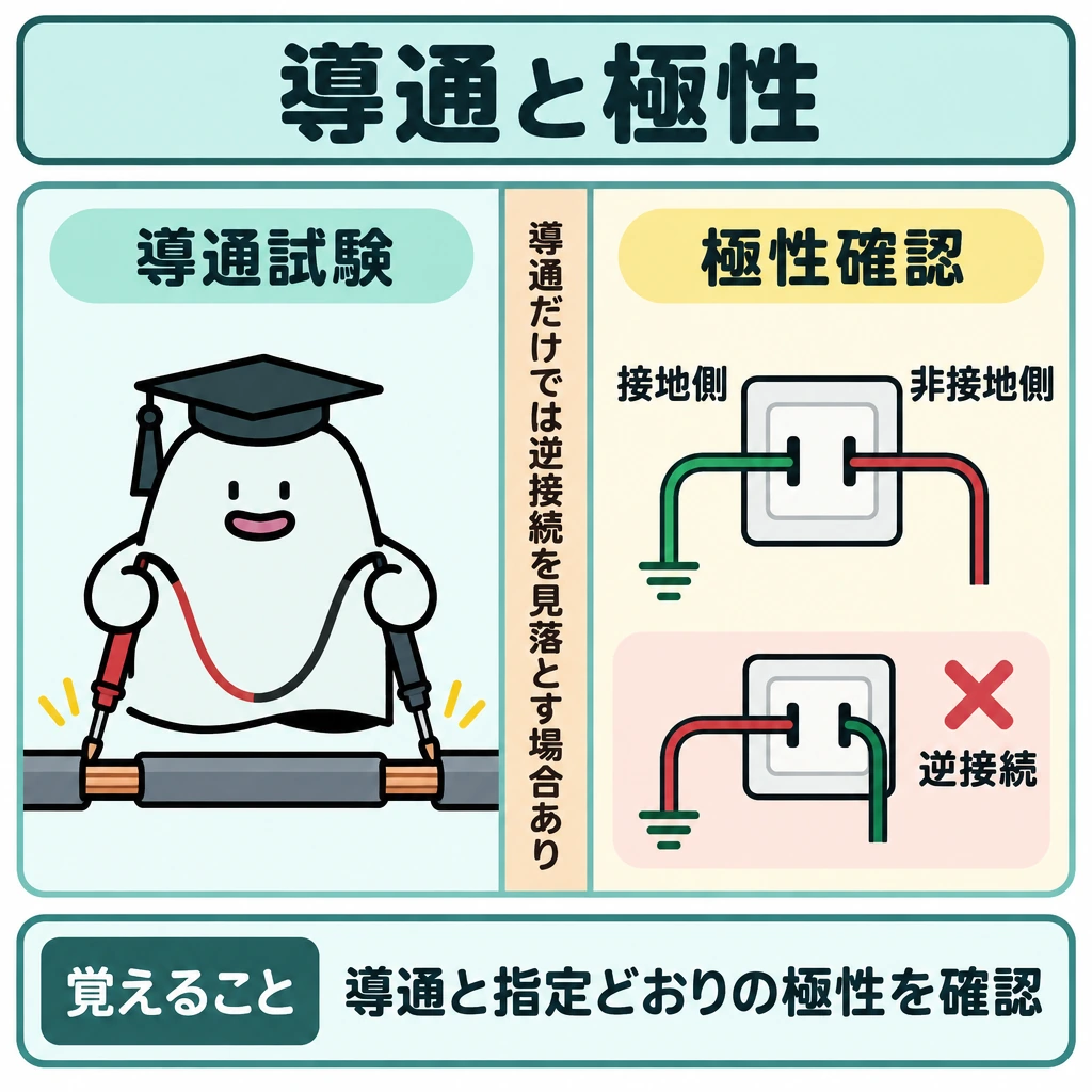 導通・極性・相順の図解。正方形の画面を縦に仕切り、左に所定の電線・接続箇所の連続を調べる導通試験、右に接地側・非接地側の接続を照らし合わせる極性確認を置く。両者を順序の矢印では結ばず、仕切りに「導通だけでは逆接続を見落とす場合あり」と添える。