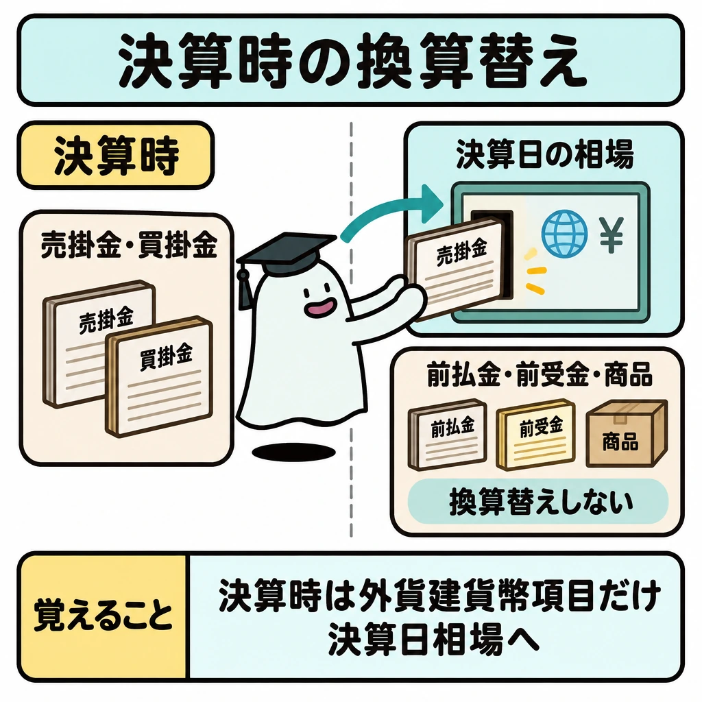 特殊取引は目的と時点で分類するの図解。中央に仕切りを置き、左の「売掛金・買掛金」から右上の「決算日の相場」へ矢印を引く。「前払金・前受金・商品」は右下の「換算替えしない」枠に置き、相場への矢印は引かない。