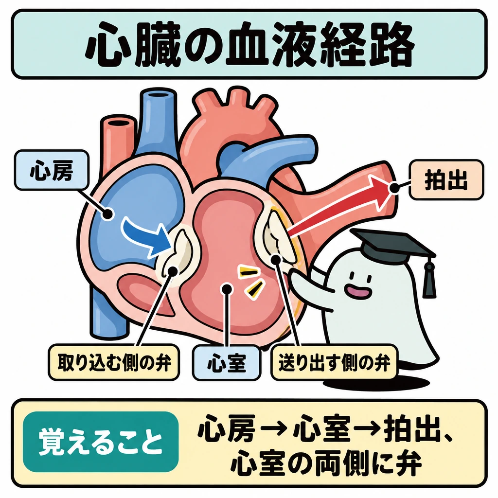心臓・血管・血液の要点の図解。中央に心臓の断面模型を大きく置き、左の心房から中央の心室、右の拍出方向へ矢印をつなぐ。心室の取り込む側と送り出す側に、それぞれ弁を1つずつ描く。