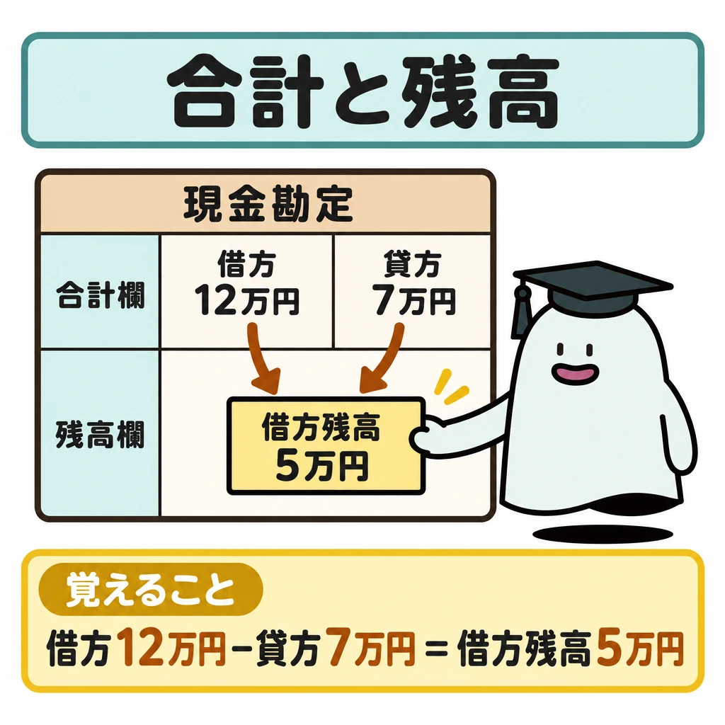 基本の仕組みの図解。中央に現金勘定の合計残高試算表を置き、横線で上の合計欄(借方12万円・貸方7万円)と下の残高欄(借方5万円)を分ける。二つの合計から残高へ「差額」の矢印を引く。