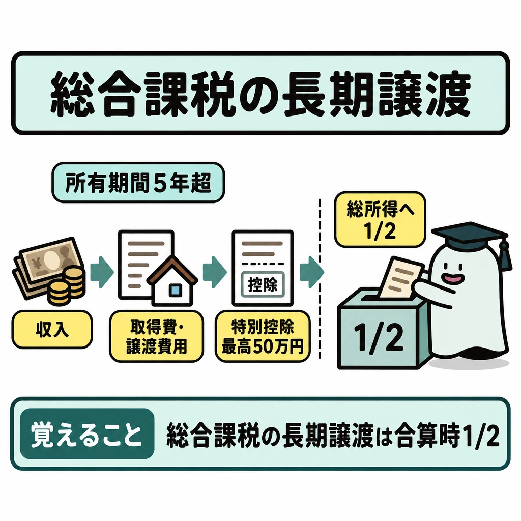 主な所得の計算式の図解。所有期間5年超を入口に、左から右へ「収入→取得費・譲渡費用を引く→特別控除を引く」と矢印でつなぐ。最後に仕切りを置き、その右側で総所得金額への算入時だけ1/2にする。