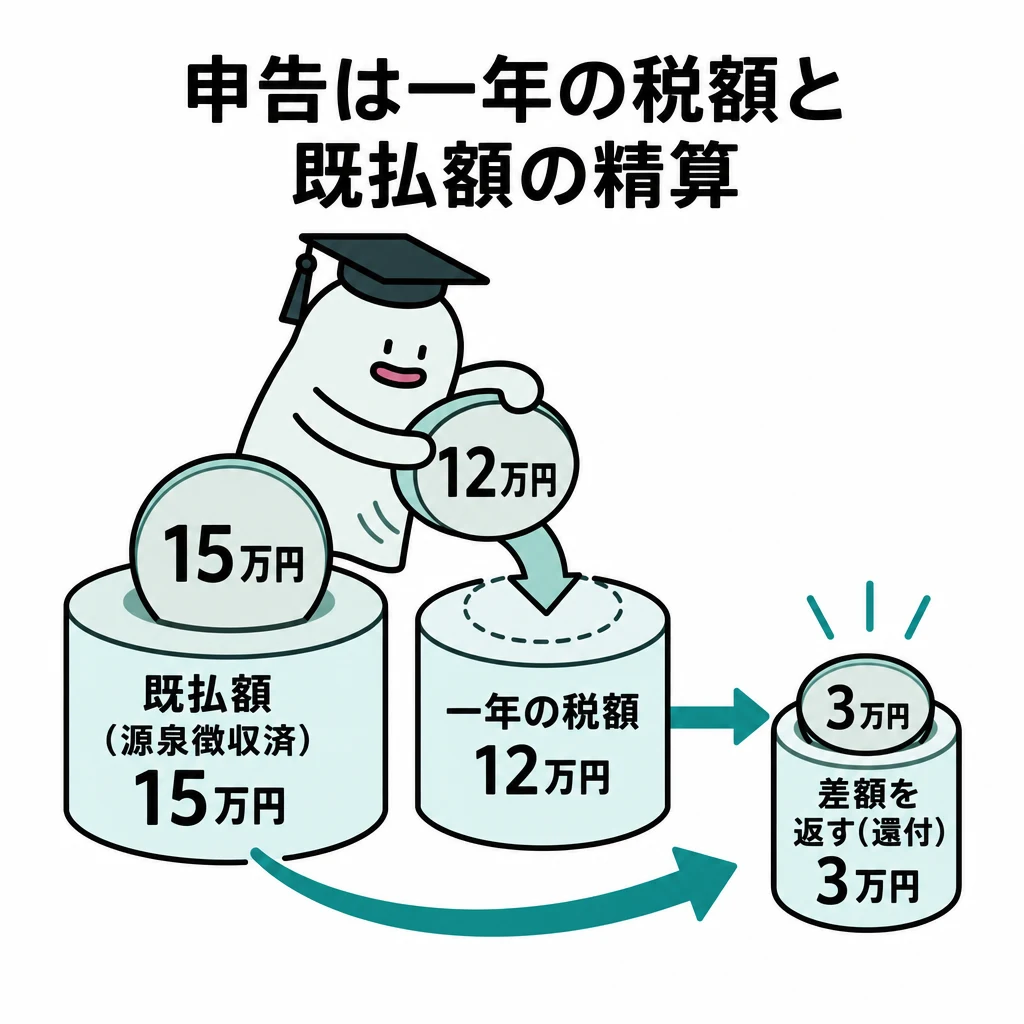 既払税額15万円から年税額12万円を充当し、差額3万円を還付へ移す図