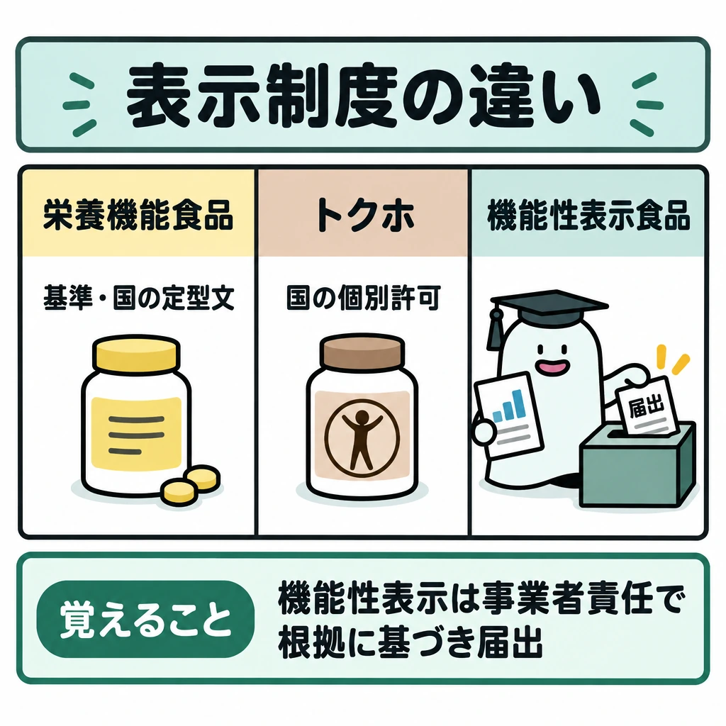 表示制度の違いの図解。正方形の上部を縦線で3列に仕切り、左から「栄養機能食品:基準に合う栄養成分を国の定型文で表示」「トクホ:国の個別許可」「機能性表示食品:事業者の責任で科学的根拠に基づき届出」を並列に比較する。列をまたぐ矢印は描かず、下部に結論を置く。
