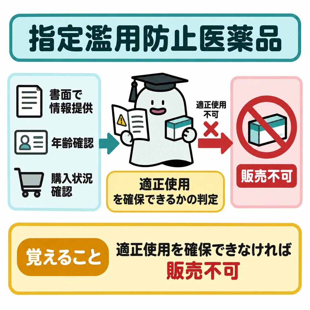 特定販売と指定濫用防止医薬品の図解。左に書面による情報提供と年齢・購入状況の確認、中央に適正使用を確保できるかの判定を置き、左から中央へ矢印を引く。確保できない場合だけ、右の「販売不可」へ赤い停止矢印をつなぐ。