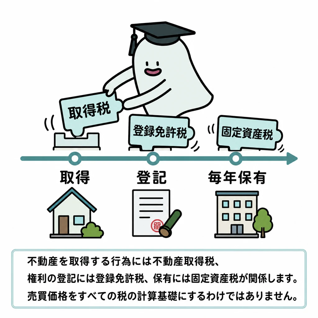 エルくんが説明する図解。取得→取得税、登記→登録免許税、毎年保有→固定資産税の時間線。