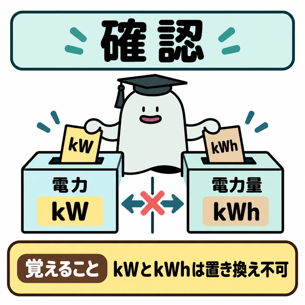 確認の図解。中央の仕切りを挟み、左に「電力・kW」、右に「電力量・kWh」の差し込み口を置く。両者の間には、置き換えられないことを示す×印付きの矢印を描く。