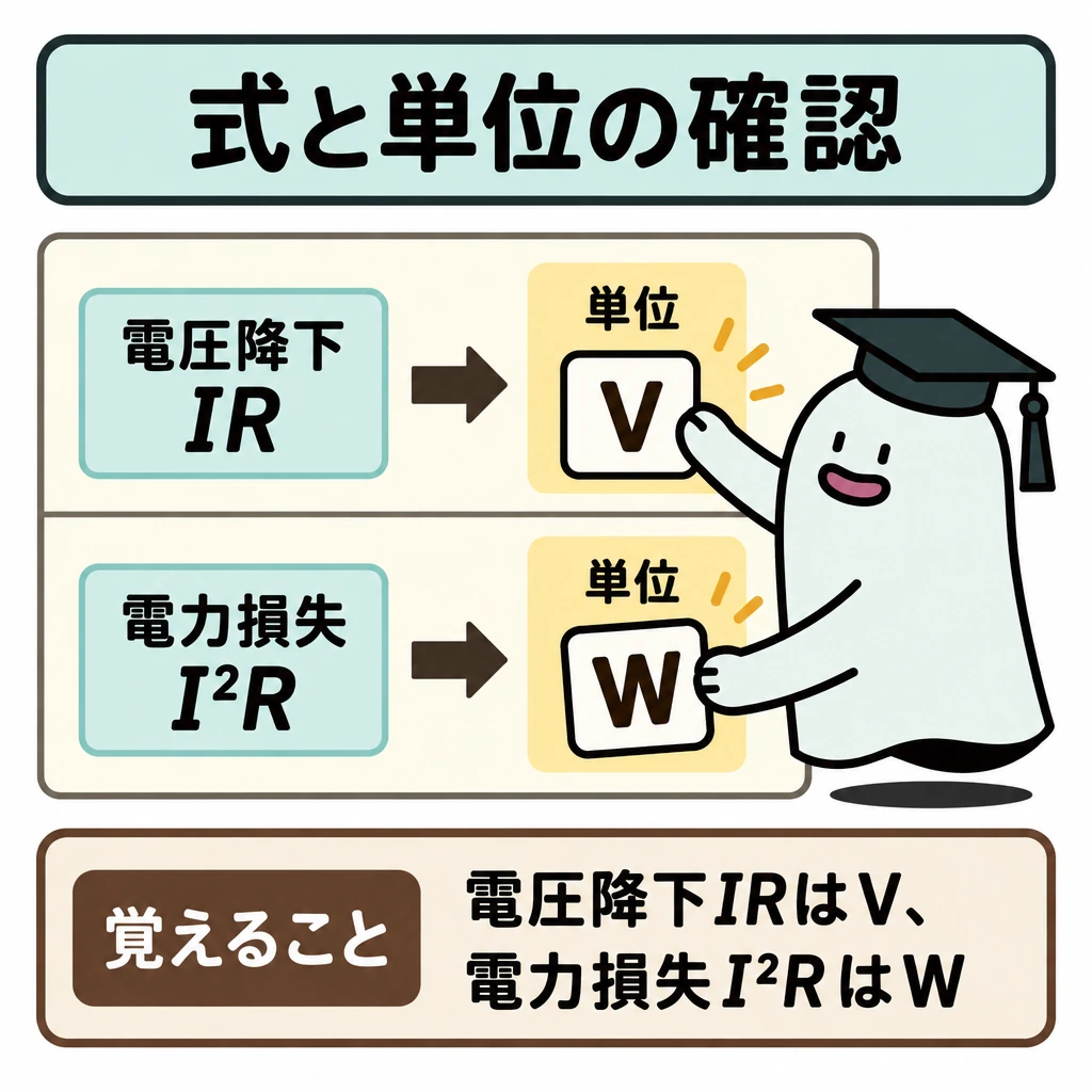 確認の図解。画面を上下2段に分け、上段は「電圧降下 IR」から「単位 V」へ、下段は「電力損失 I²R」から「単位 W」へ、それぞれ右向き矢印で結ぶ。段の間には仕切り線を引き、式と単位の対応を比較できるようにする。
