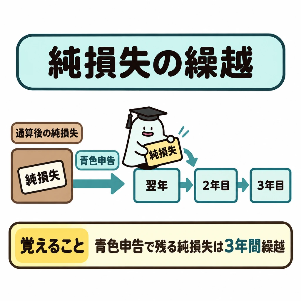 損益通算・繰越控除・税額控除の図解。左に通算後も残った純損失、右に「翌年」「2年目」「3年目」の3枠を横一列に置き、右向きの矢印でつなぐ。矢印の入口に「青色申告」の条件を示し、3年目の右端で線を止める。