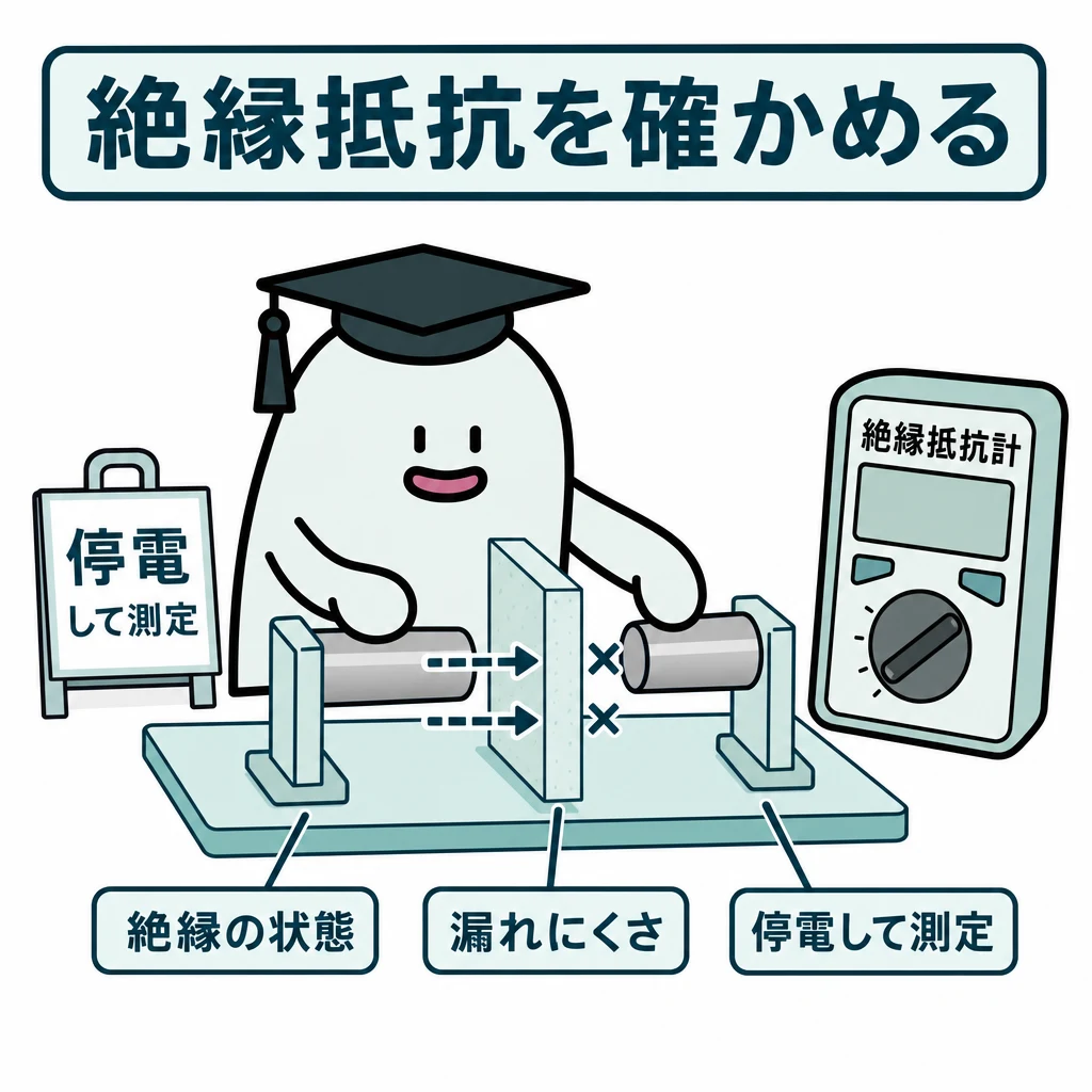 絶縁抵抗を確かめる。二つの導体を絶縁材の壁が隔てる模式図と、電気が壁を越えて漏れにくい状態を示す止まった矢印。