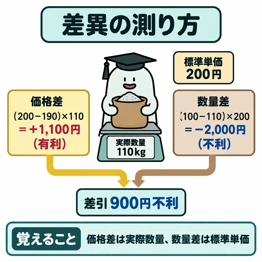 基本の仕組みの図解。中央の実際数量110kgから左右に矢印を伸ばし、左に価格差「(200−190)×110=+1,100円(有利)」、右に数量差「(100−110)×200=−2,000円(不利)」を配置して細線で仕切る。左右の矢印を下中央で合流させ、差引900円の不利を示す。