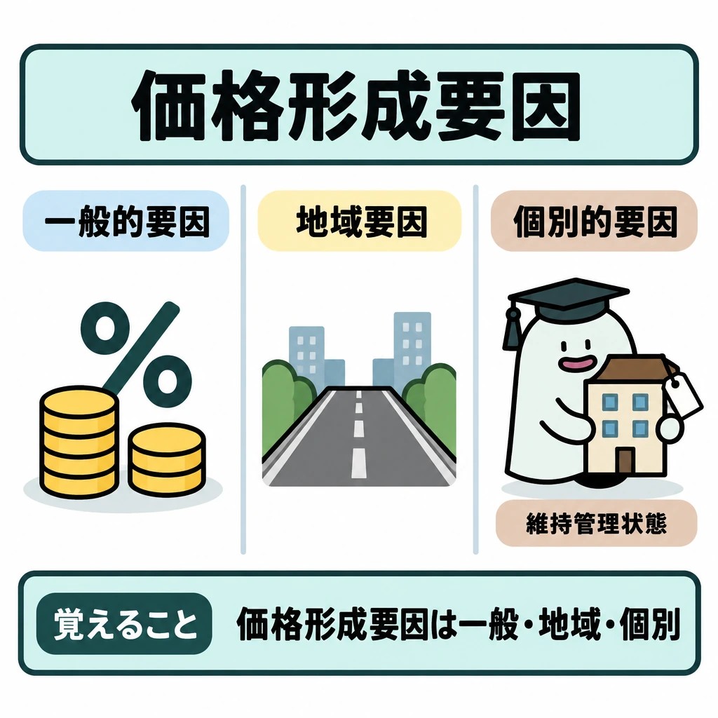 価格形成要因の図解。画面中央を縦の仕切りで左から「一般的要因」「地域要因」「個別的要因」の3列に分ける。左に市場全体の金利を表す％印、中央に地域の交通条件を表す道路、右に対象建物の維持管理状態を示す札付きの建物模型を置き、列同士を矢印で結ばない。