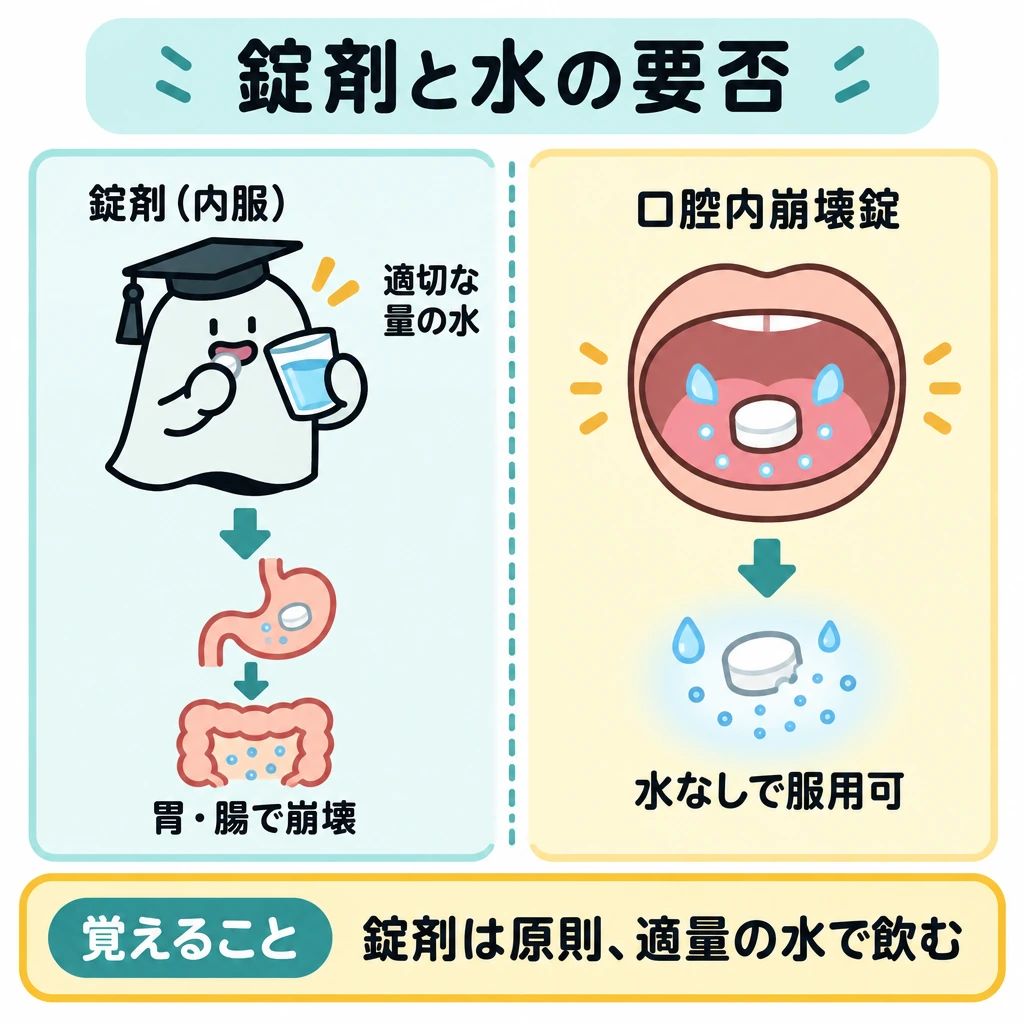 剤形ごとの特徴の図解。中央を縦線で仕切り、左に錠剤を水で飲み込んで胃・腸で崩壊するまでを下向きの矢印で示す。右は小さな口の模式図で、口腔内崩壊錠が唾液で溶け、水なしで服用できる例外を示す。