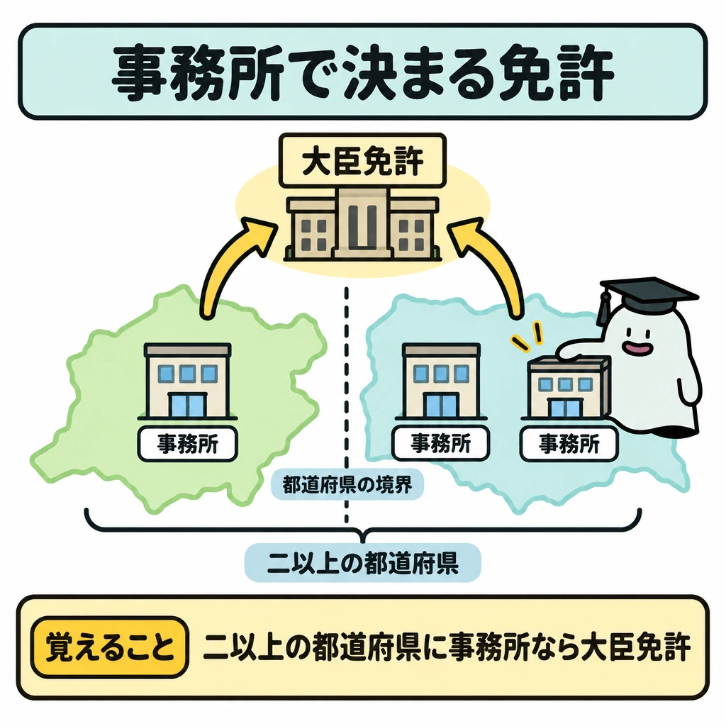 免許が必要な取引と免許権者の図解。中央に都道府県の境界線を引き、左右それぞれに事務所を1つ配置する。両事務所から上部の「大臣免許」へ矢印を集め、二以上の都道府県に事務所がある場合を示す。