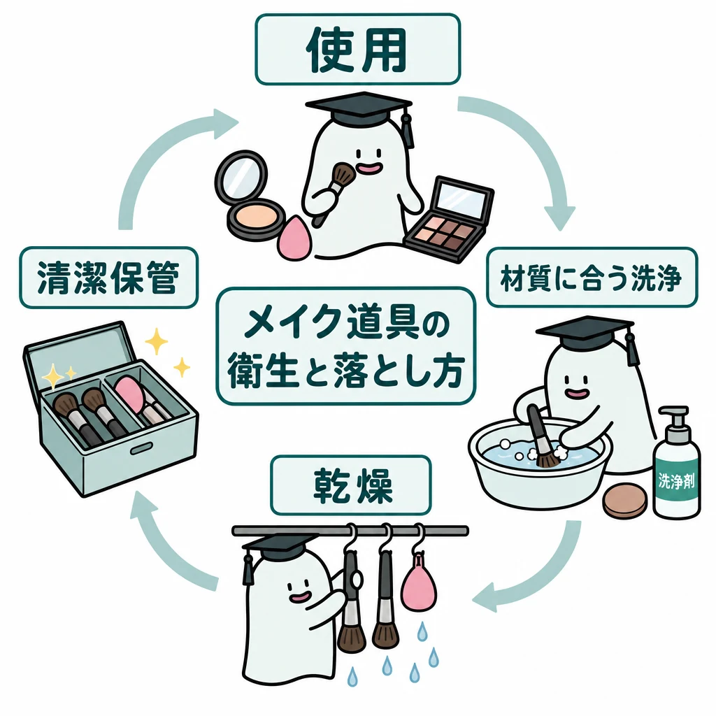 エルくんが説明する図解。使用→材質に合う洗浄→乾燥→清潔保管の循環。