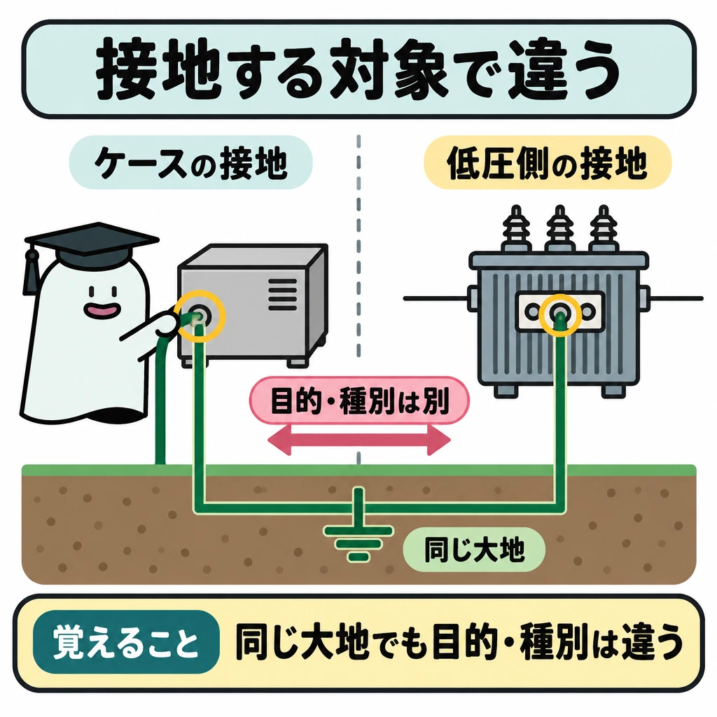 基本の仕組みの図解。中央の仕切りを挟み、左にケース、右に変圧器の低圧側を置き、それぞれの接地する部分を丸で囲む。両方から下部の同じ大地へ線を伸ばし、目的と接地種別は異なると示す。