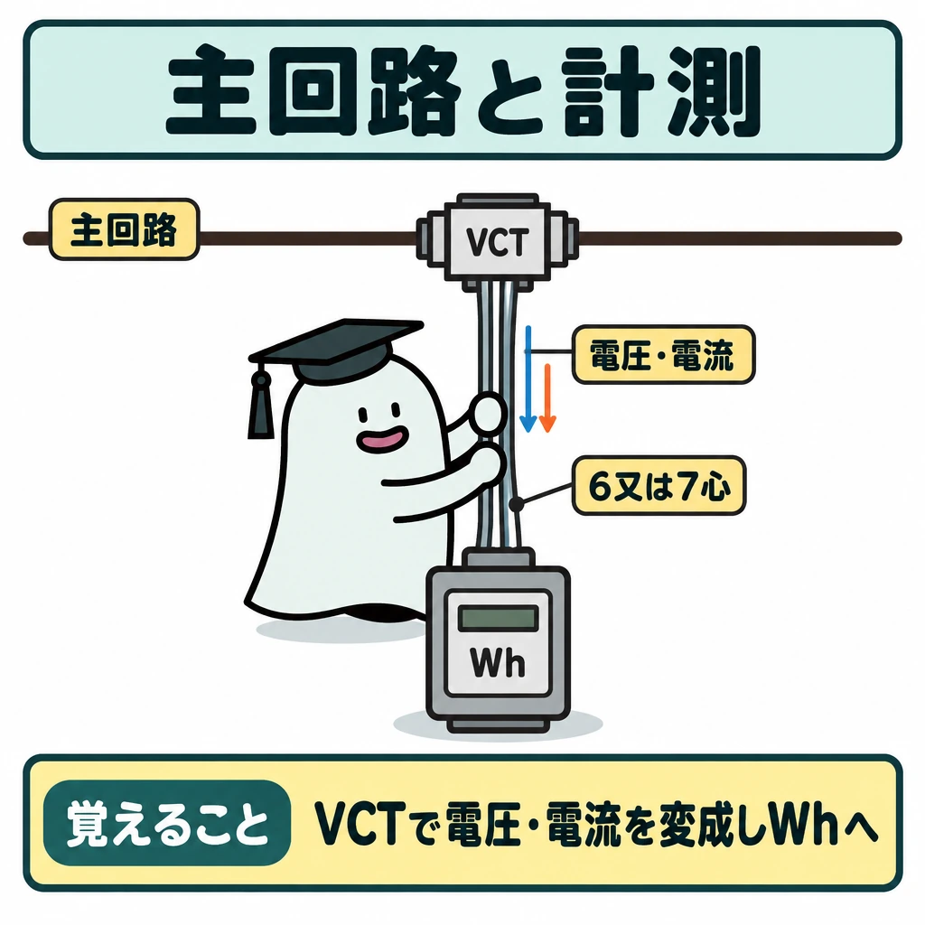 高圧受電の主回路と計測の図解。主回路を左から右へ一本の線で描き、線上のVCTから下方のWhへ「6又は7心」の接続線を伸ばす。接続線に、変成された電圧・電流がWhへ向かう矢印を重ねる。