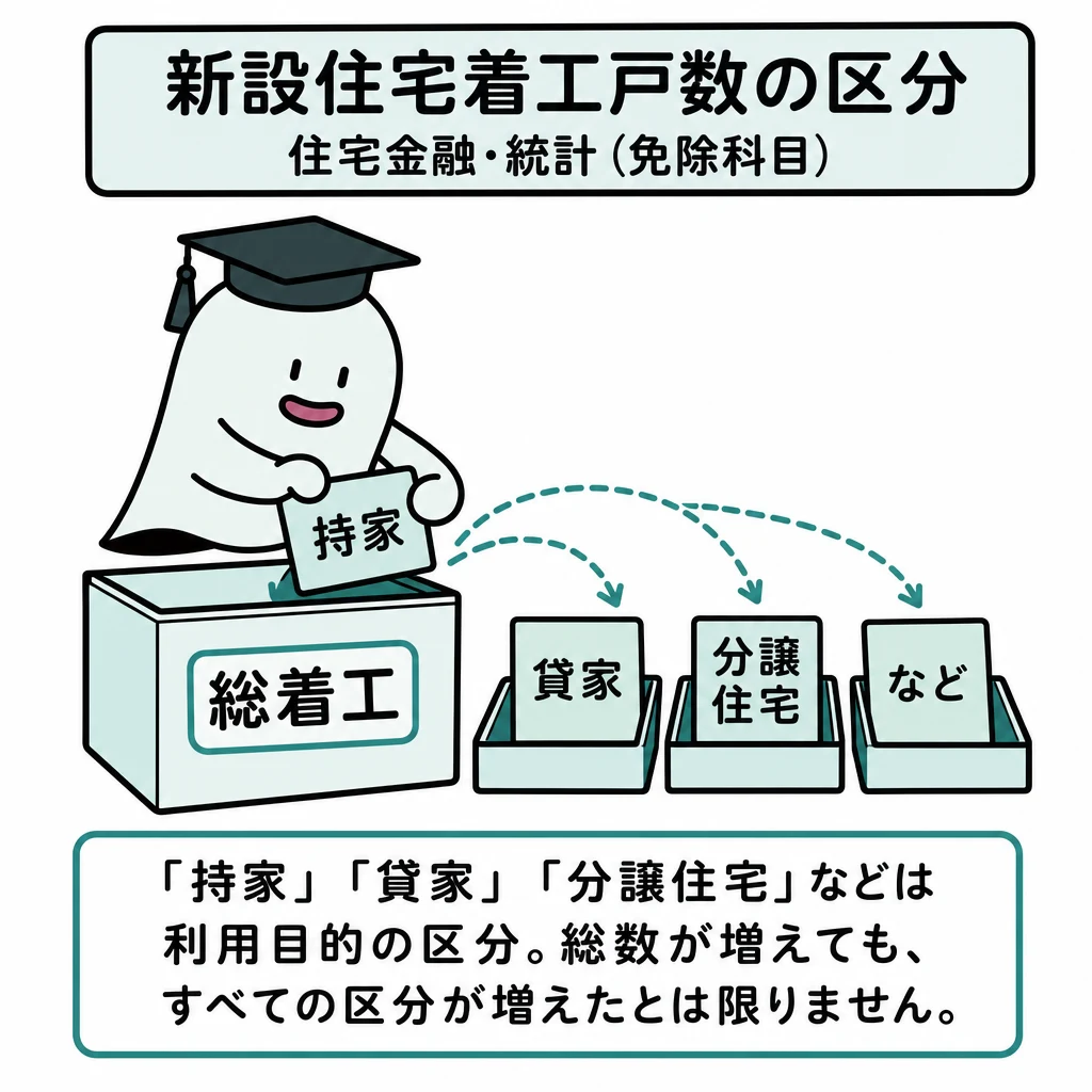 エルくんが説明する図解。総着工を持家/貸家/分譲などに分け、総数と内訳の矢印を区別。