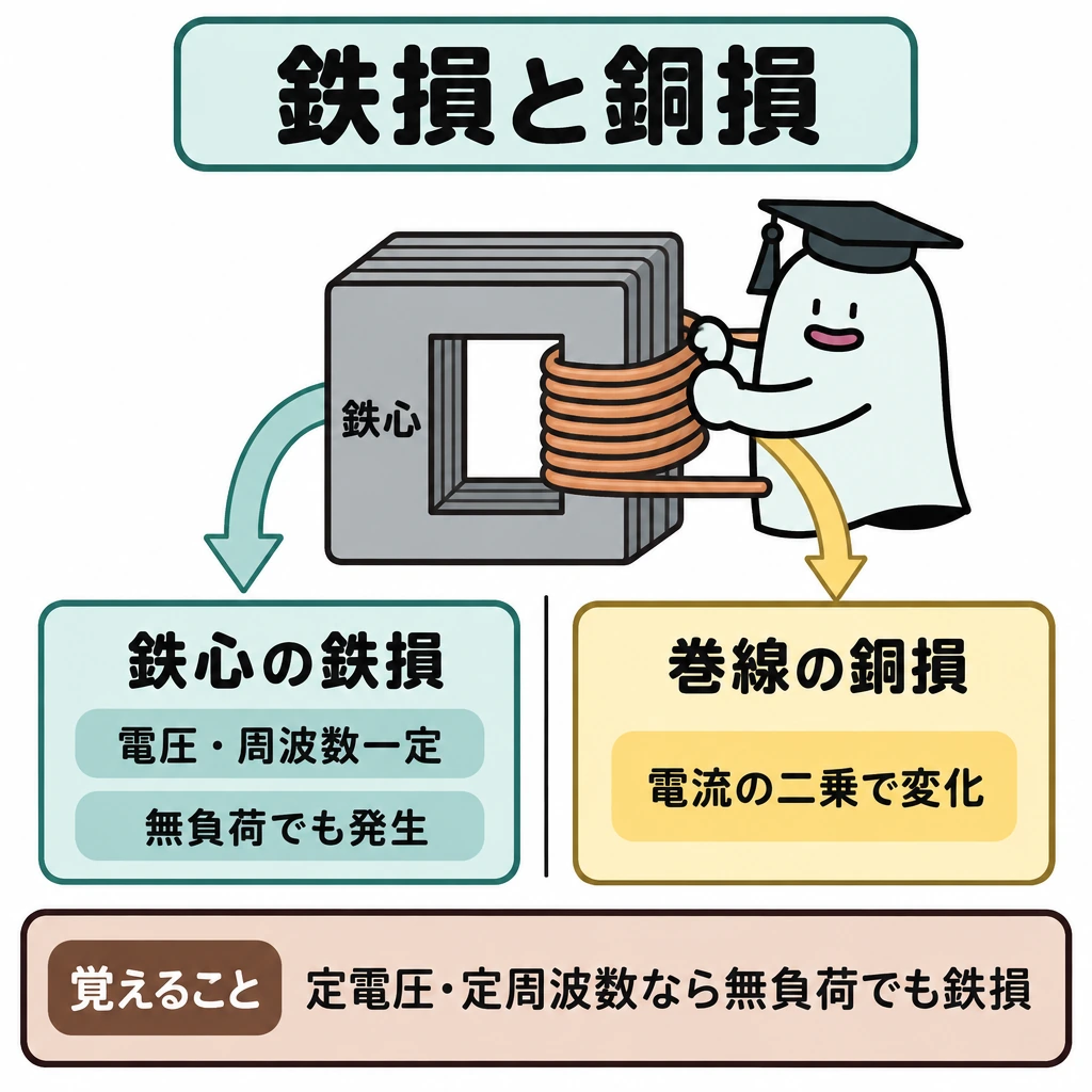 基本の仕組みの図解。中央に変圧器の鉄心と巻線を大きく描き、鉄心から左下の鉄損へ、巻線から右下の銅損へ矢印を伸ばす。下部は縦線で左右に仕切り、左に無負荷時の鉄損、右に負荷電流で変わる銅損を示す。