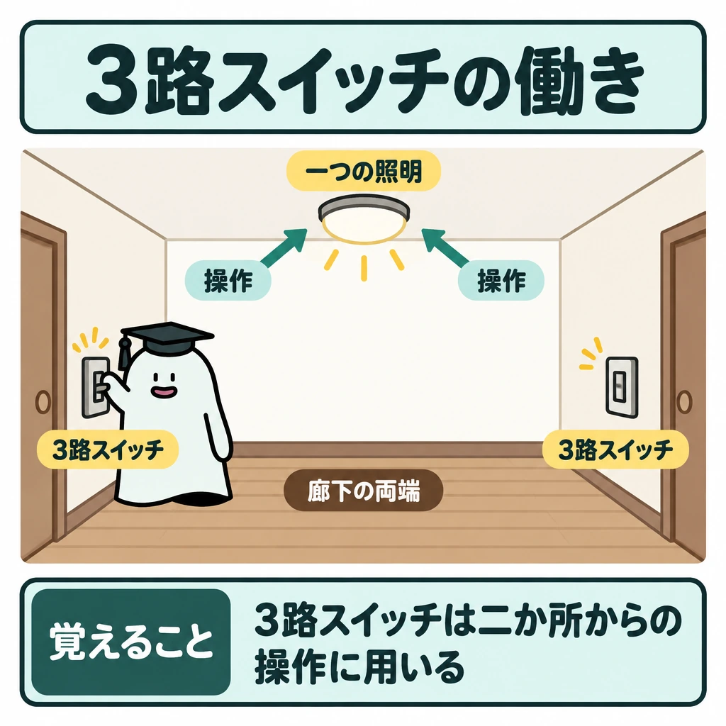 基本の仕組みの図解。横長の廊下の両端にスイッチを1つずつ、中央上に照明を1つ置く。各スイッチから照明へ「操作」を示す矢印を向け、配線図に見えないよう電線は描かない。