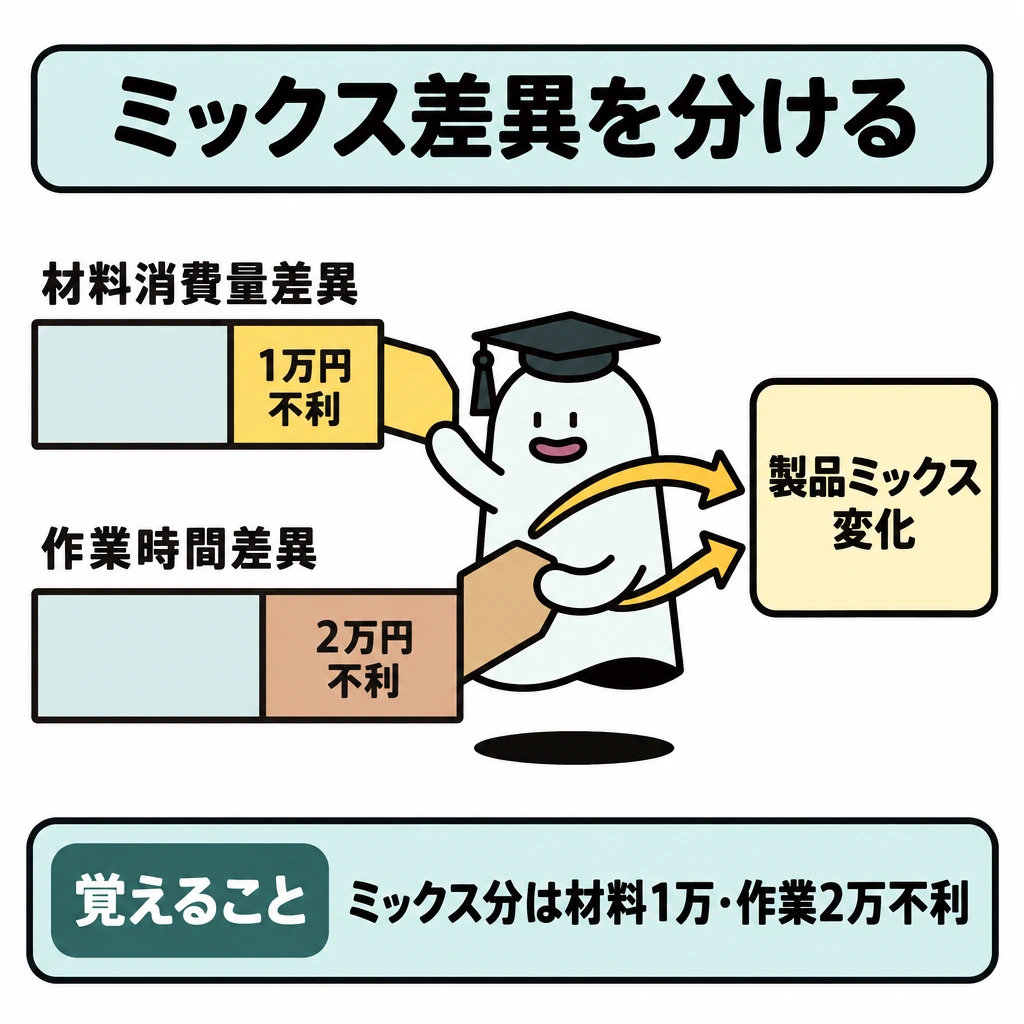 差異を価格・能率・操業度へ分けるの図解。左に材料消費量差異と作業時間差異を上下に並べ、それぞれの中を仕切って「1万円不利」「2万円不利」の部分だけを色分けする。その2部分から右の「製品ミックス変化」へ矢印を集め、残りの部分は矢印につなげない。