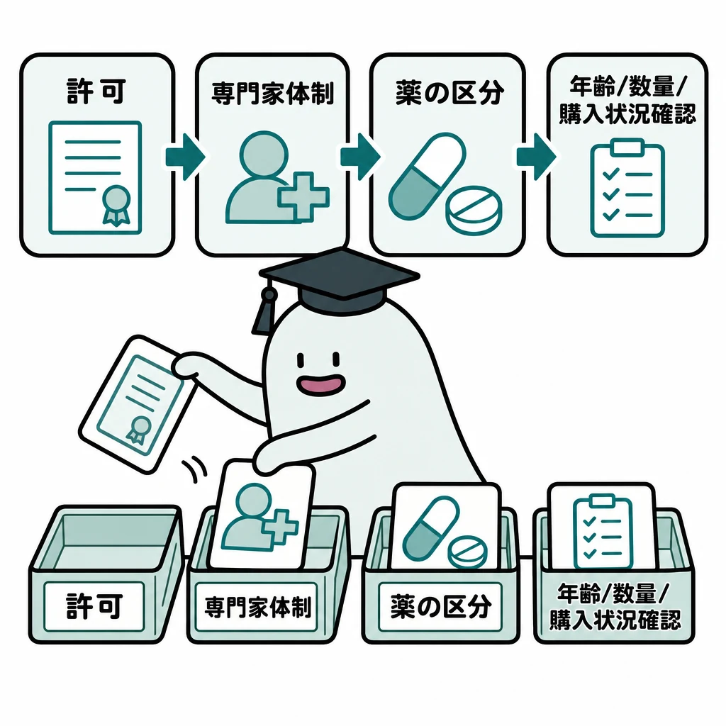 エルくんが説明する図解。許可→専門家体制→薬の区分→年齢/数量/購入状況確認の順。