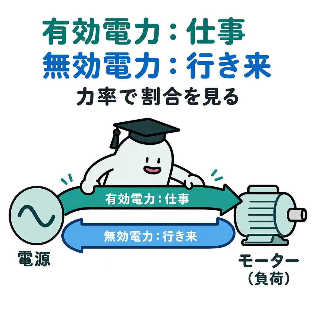 仕事へ向かう有効電力と、電源・負荷間を行き来する無効電力を別色の矢印で区別する図。