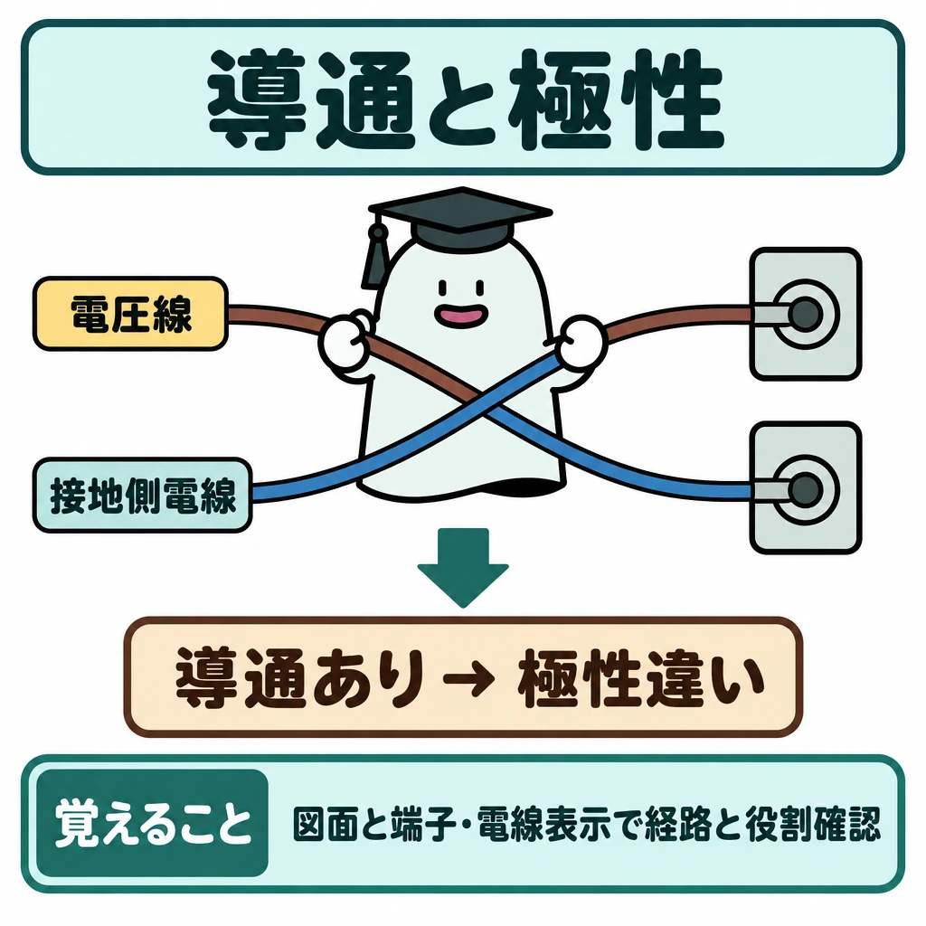 基本の仕組みの図解。中央に1組の配線図を置き、左に電線表示、右に端子表示を上下同順に並べる。2本の線は交点で接続せずに交差させて逆側の端子につなぎ、下に「導通あり」→「極性違い」と示す。