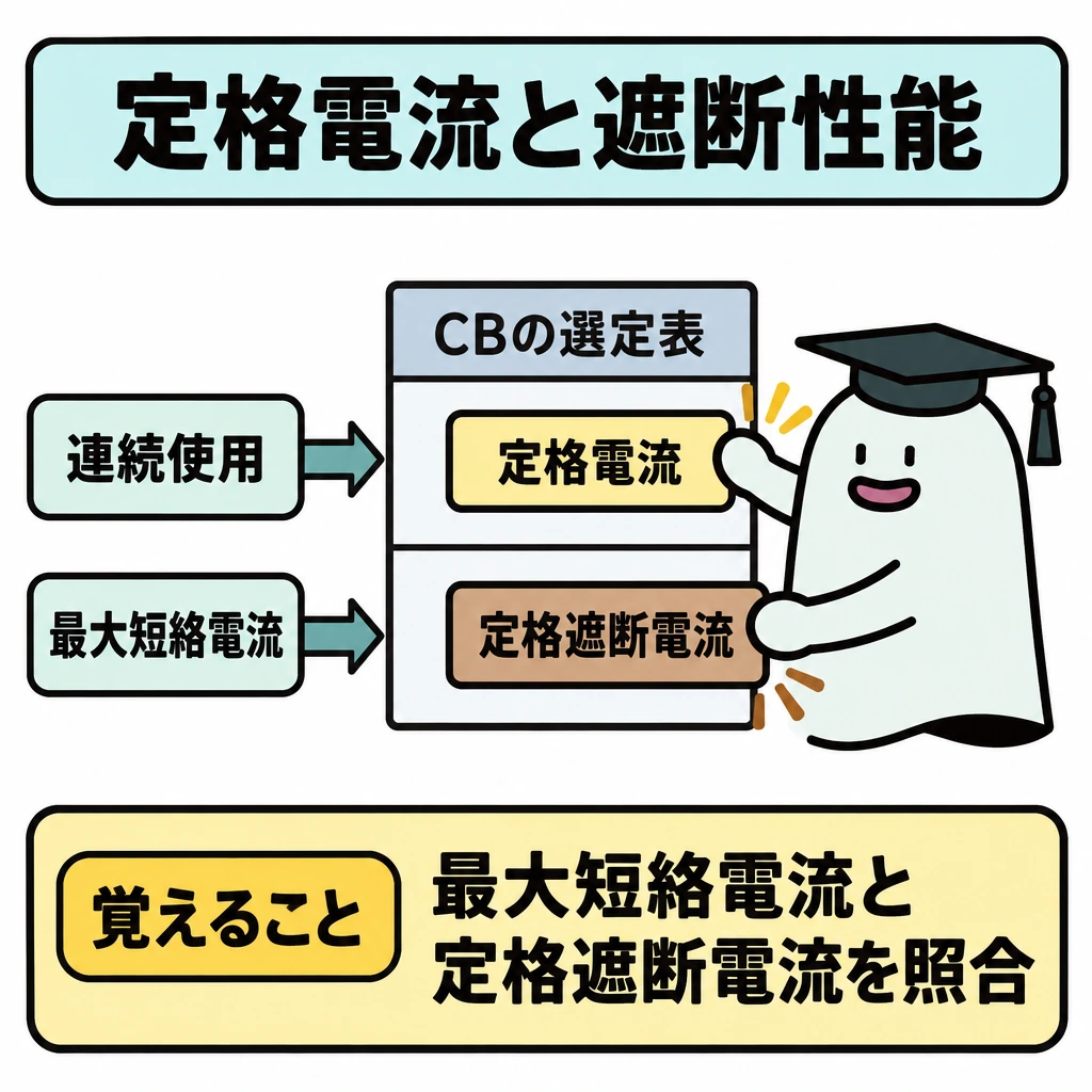 定格電流と遮断性能の図解。中央にCBの選定表を置き、横線で上下2段に分ける。上段は「連続使用→定格電流」、下段は「最大短絡電流→定格遮断電流」と右向きの矢印で照合先を示す。