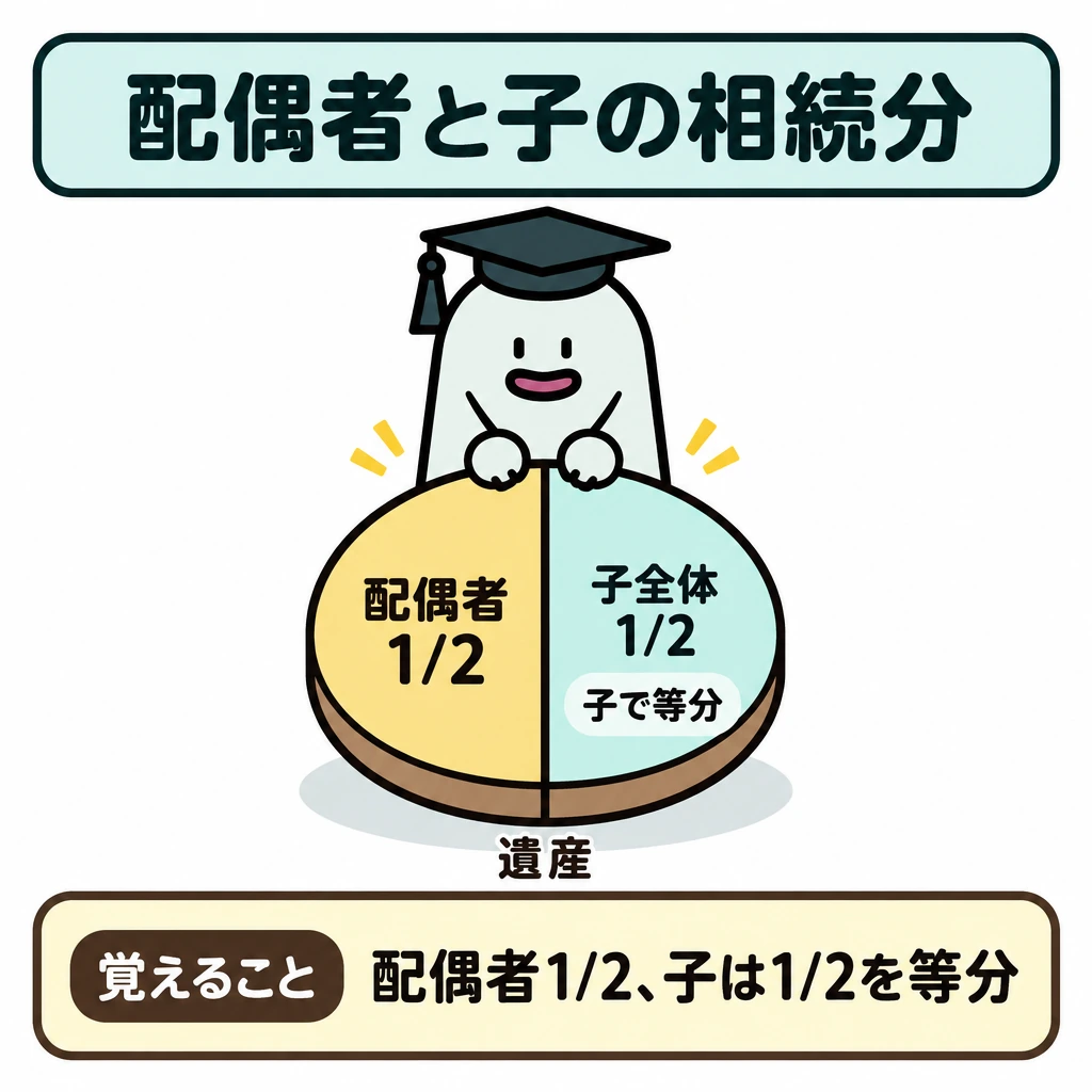 民法の相続分・遺留分を確認するの図解。中央の遺産を表す円盤を縦に2等分し、左を配偶者の1/2、右を子全体の1/2とする。右半分の内側に「子で等分」と記し、子の人数は図示しない。