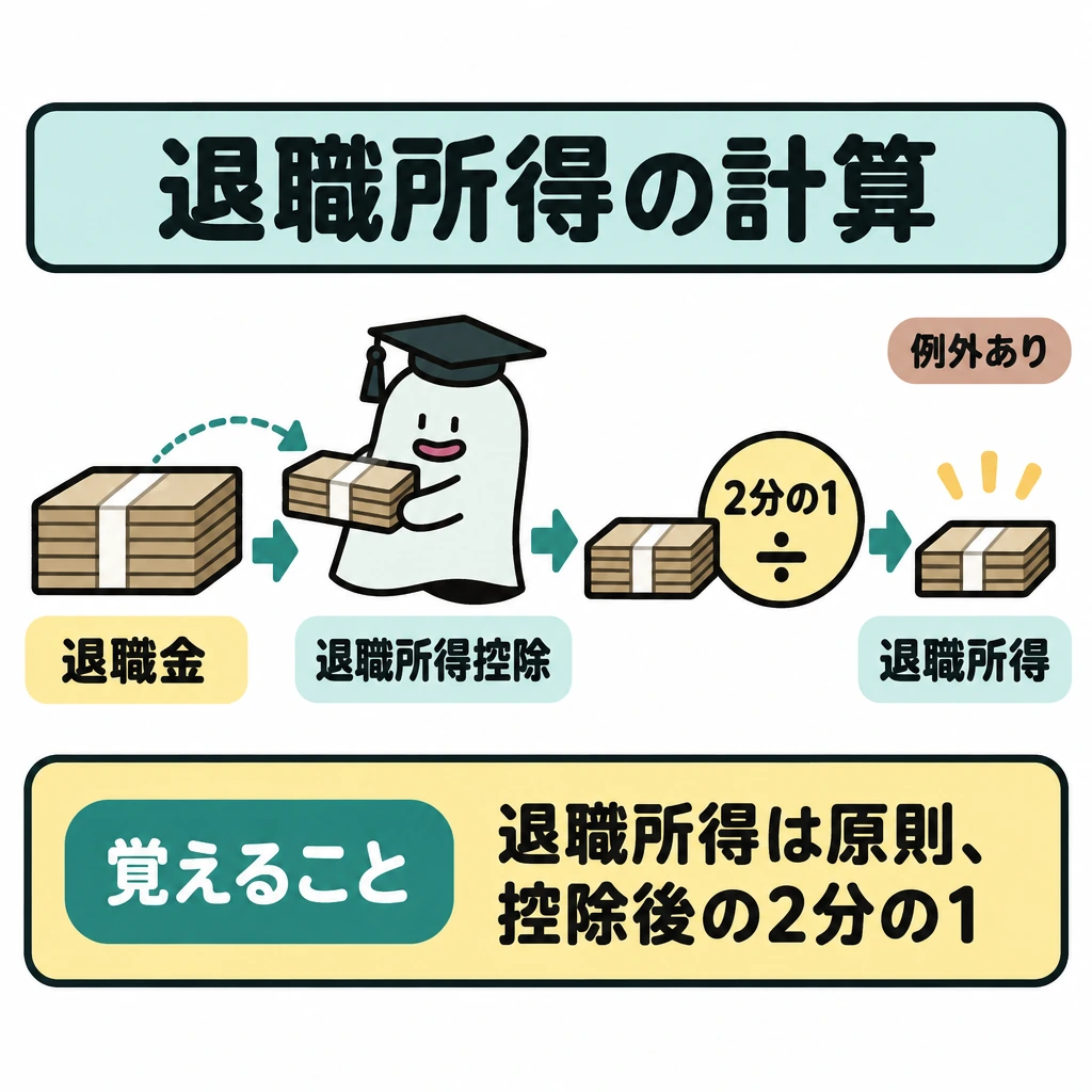 主な計算式と例外の図解。左から右へ「退職金→退職所得控除を引く→残りを2分の1にする→退職所得」と矢印でつなぐ。右上に小さく「例外あり」を添え、原則の計算であることを示す。