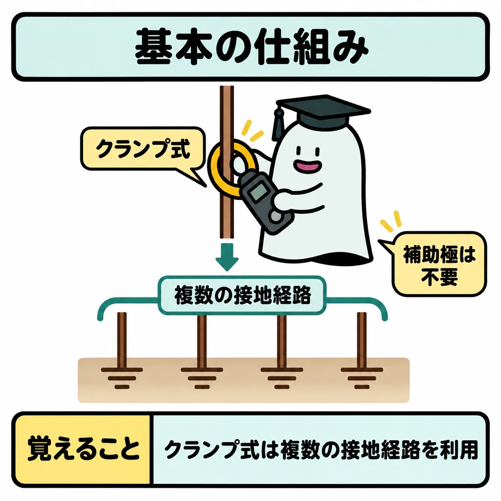 基本の仕組みの図解。中央に接地経路を挟むクランプ式接地抵抗計を描き、その下に複数の接地経路を並べて括弧でまとめる。計器から括弧へ矢印を向け、複数の経路を利用する関係を示す。