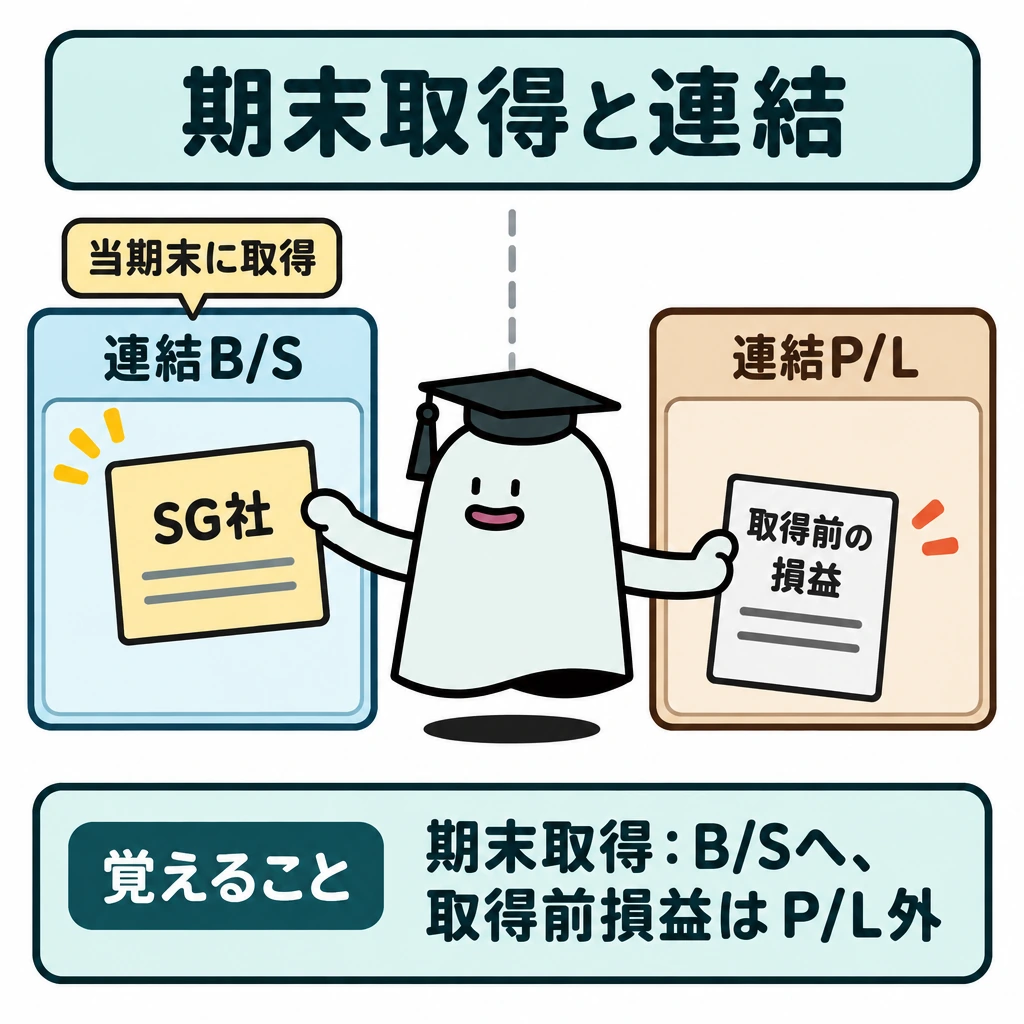 取得日時点の配分と連結年度の図解。左に連結B/S、右に連結P/Lの枠を置き、中央に取得日の仕切りを引く。当期末に取得したSG社のカードは左枠へ入れ、取得前の損益票は右枠の手前で止める。