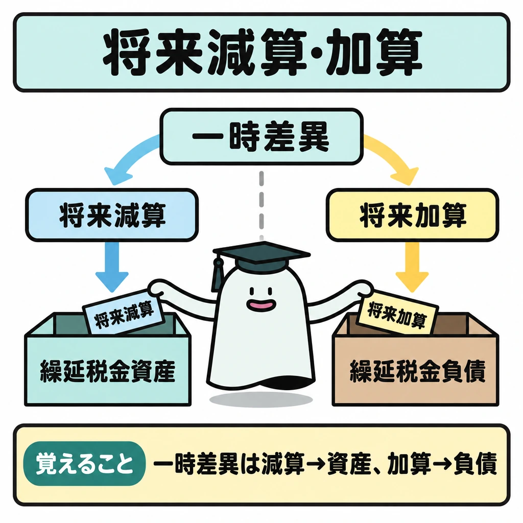 将来減算・加算と計上先の図解。上部の「一時差異」から左右に分岐し、左は「将来減算」→「繰延税金資産」、右は「将来加算」→「繰延税金負債」と矢印で結ぶ。中央に縦の仕切りを置き、矢印は交差させない。